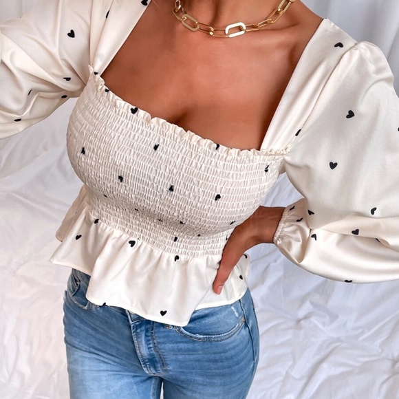 Boho Heart print Square Neck Peplum Top Beige - Picture 3 of 7